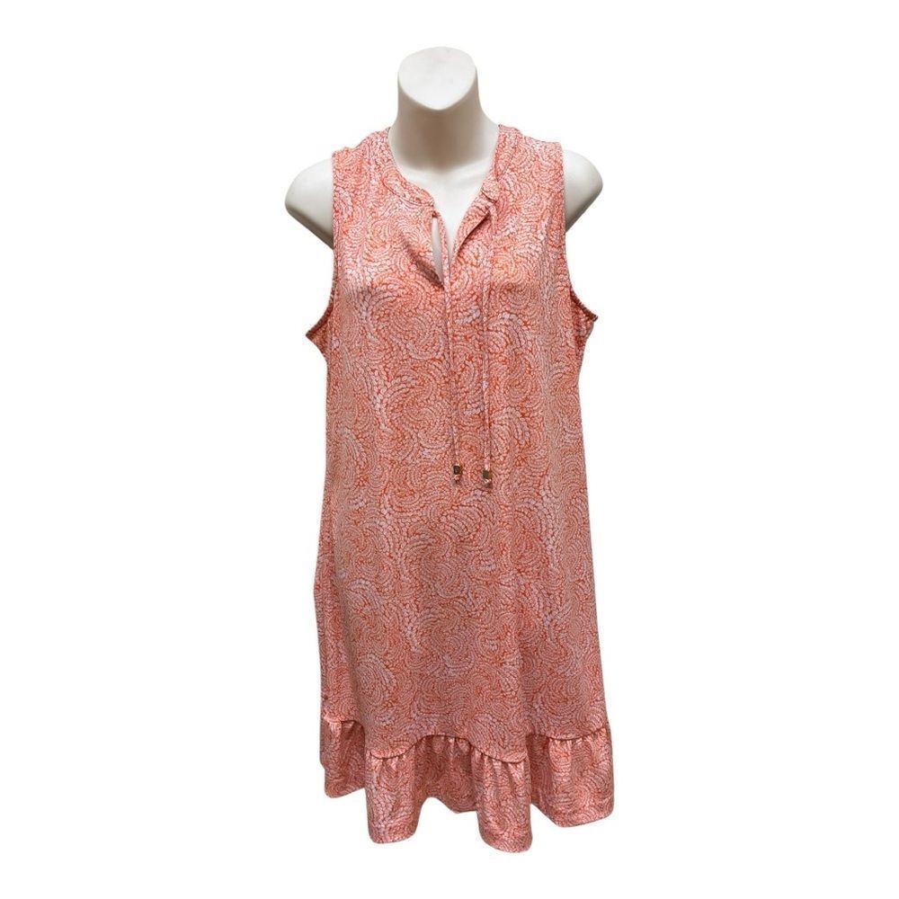 Michael Kors Orange White Sleeveless Midi Dress Ruffle Hem Sz L Drop Waist EUC